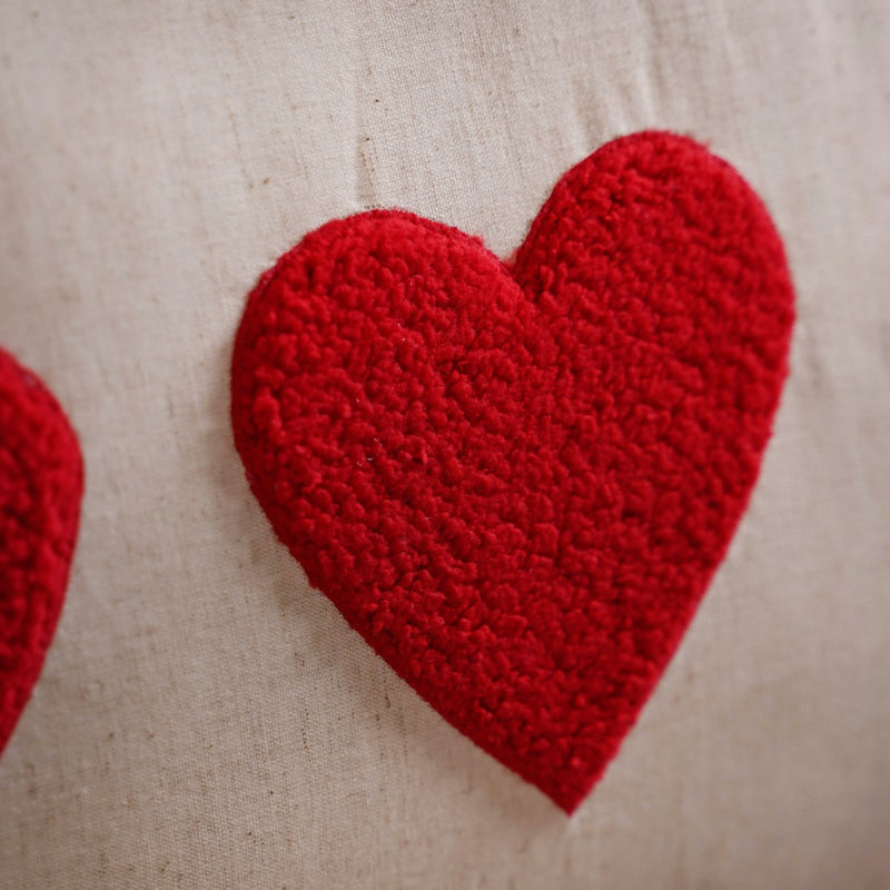 Heart Trio Fluffy Applique Cotton Cushion Cover 20x14 Inch