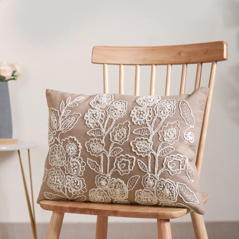 Floral Embroidered Throw Pillow Cover Beige 20x14 Inch