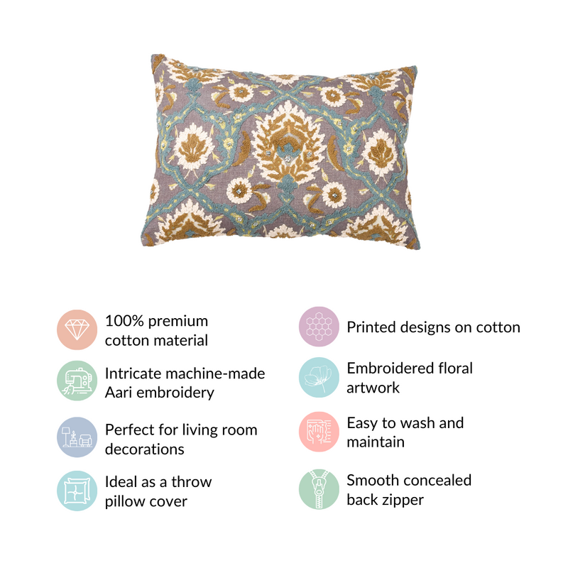 Embroidery on Print Vintage Cushion Cover 20x14 Inch