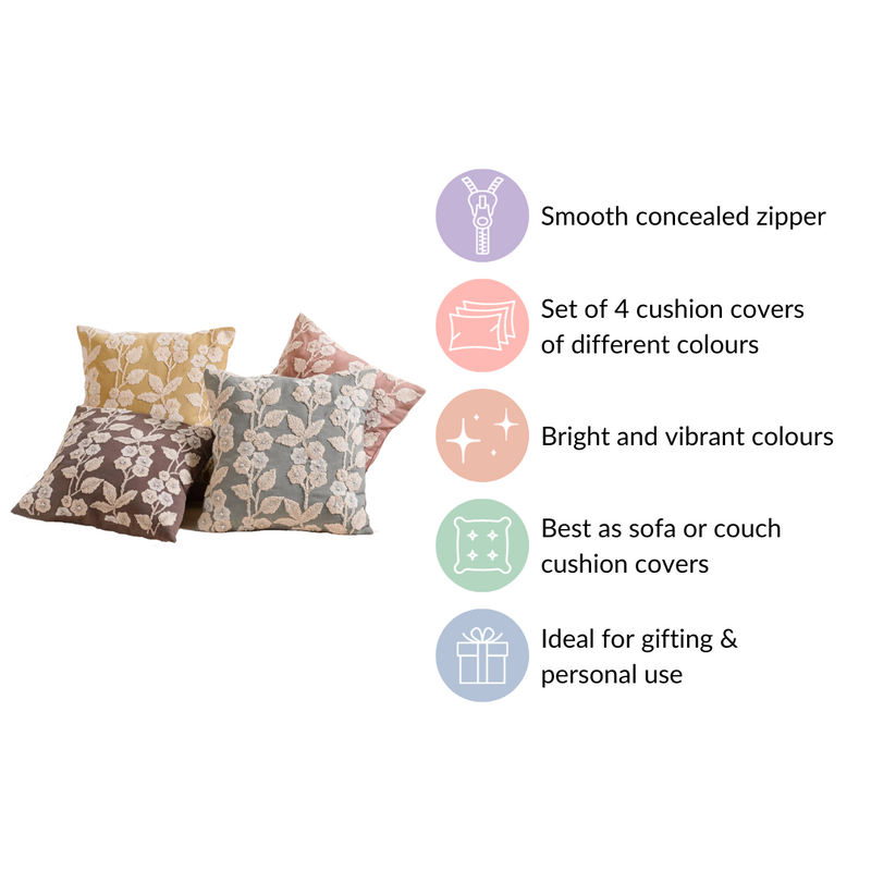 Set Of 4 Colourful Floral Embroidered Cushion Cover 16x16 Inch