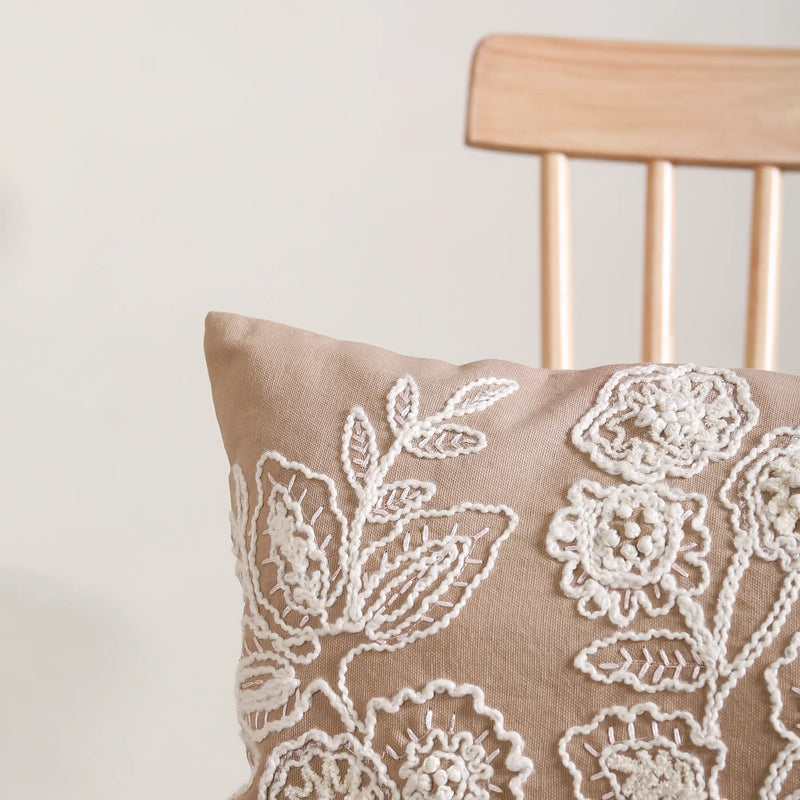 Floral Embroidered Throw Pillow Cover Beige 20x14 Inch