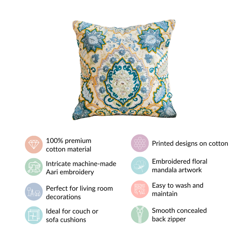Embroidered Vintage Floral Cushion Cover 16x16 Inch
