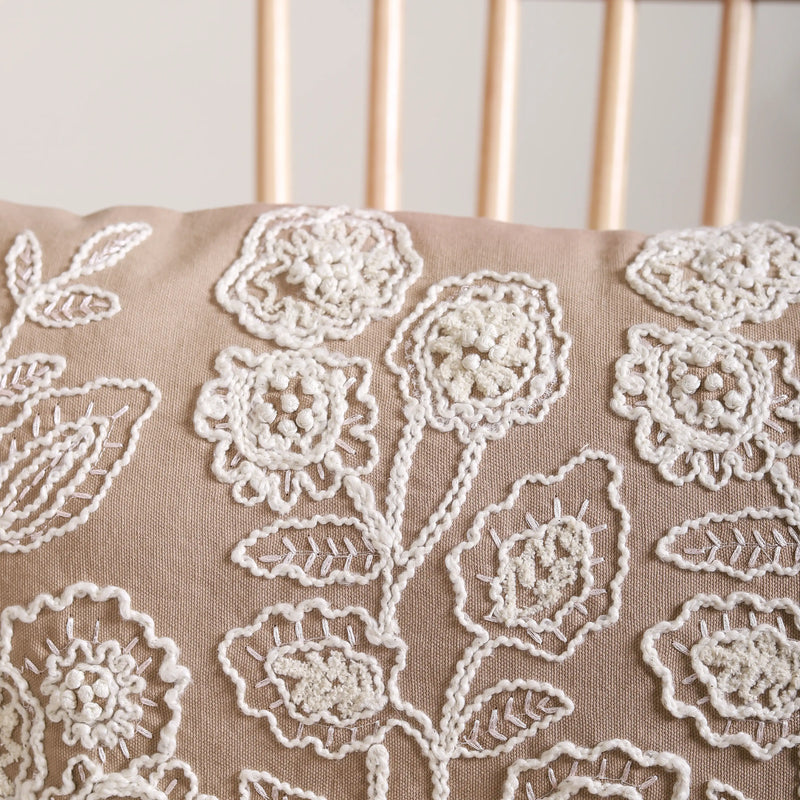 Floral Embroidered Throw Pillow Cover Beige 20x14 Inch
