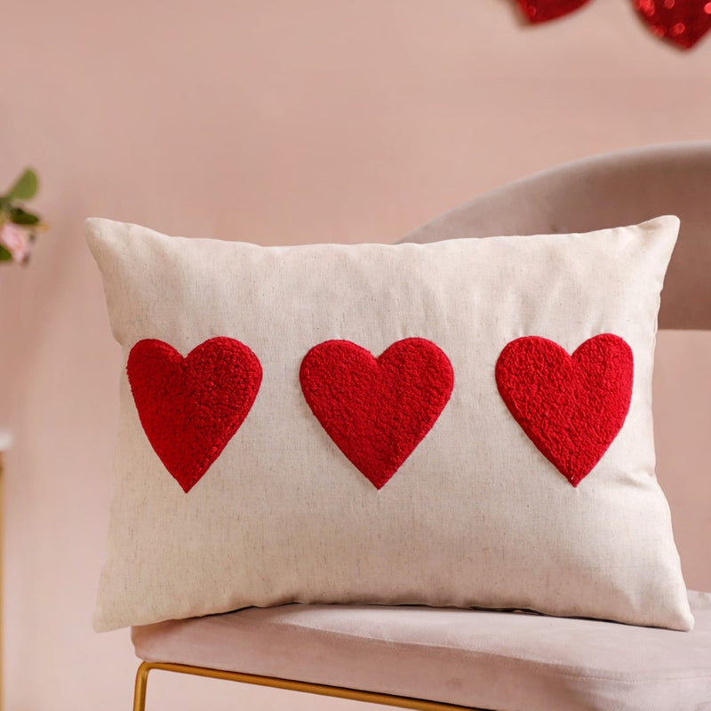Heart Trio Fluffy Applique Cotton Cushion Cover 20x14 Inch