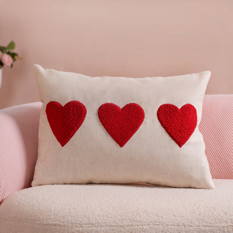 Heart Trio Fluffy Applique Cotton Cushion Cover 20x14 Inch