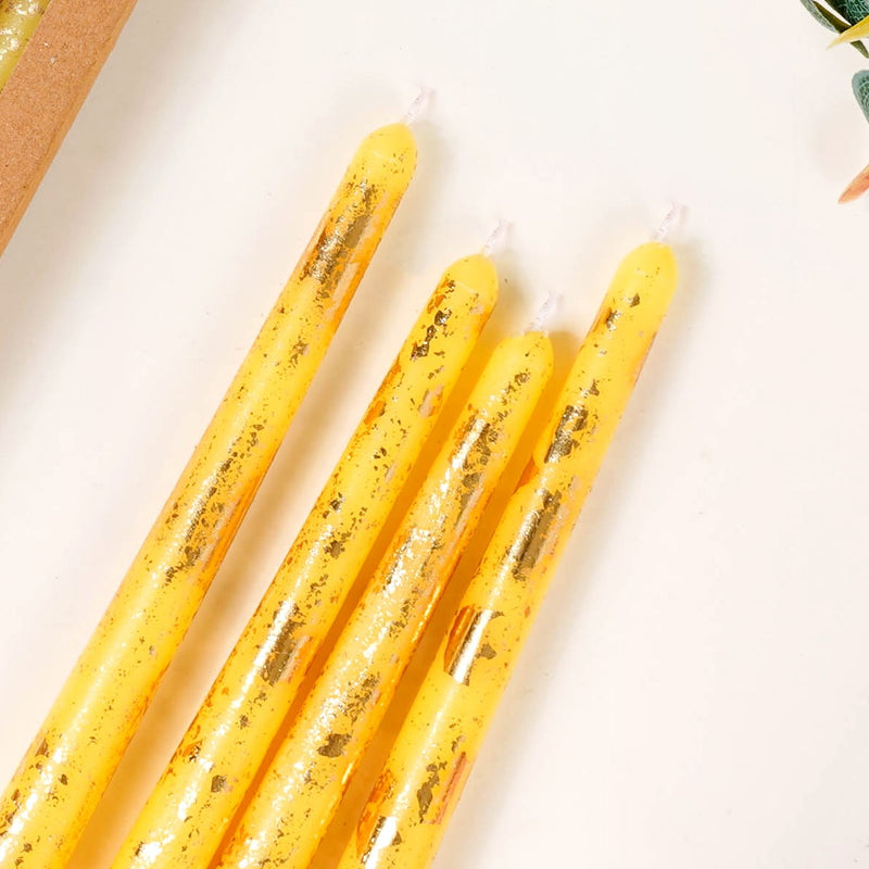 Gold Foil Candles Yellow Set Of 8 - Lemon Yellow Gold Laminate Candles, Lemon Yellow Candles, Gold Laminate Candle Set, Decorative Yellow Candles