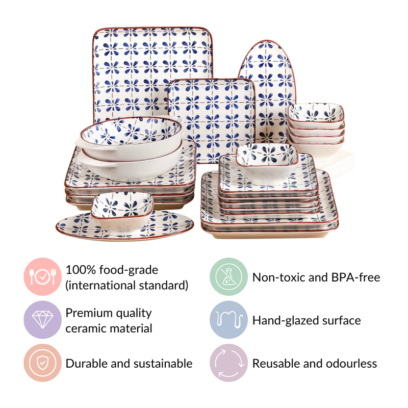 Blue Flower Ceramic 22 Piece Dinner Set For 6