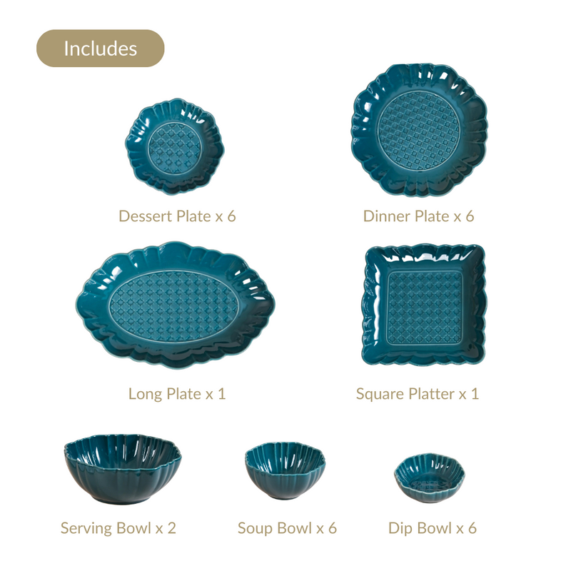 Luxe Moroccan 28-Piece Ceramic Dinnerware For 6 Dark Green