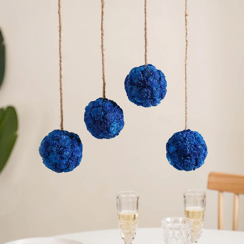 Blue Flower Ball Wall Hanging Set Of 4