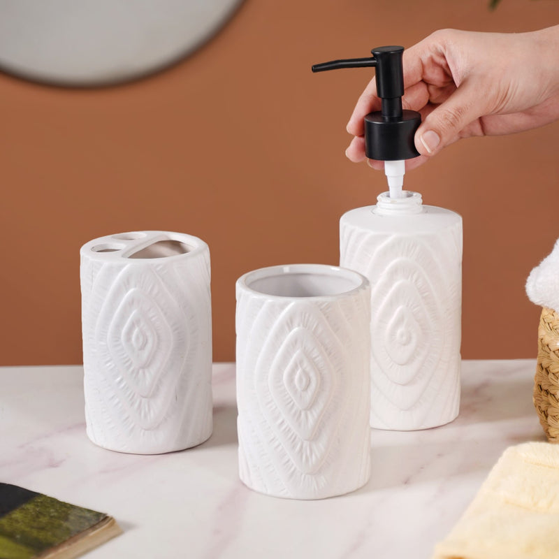 Tree Ring Design Bathroom Accessories Set Of 3 White