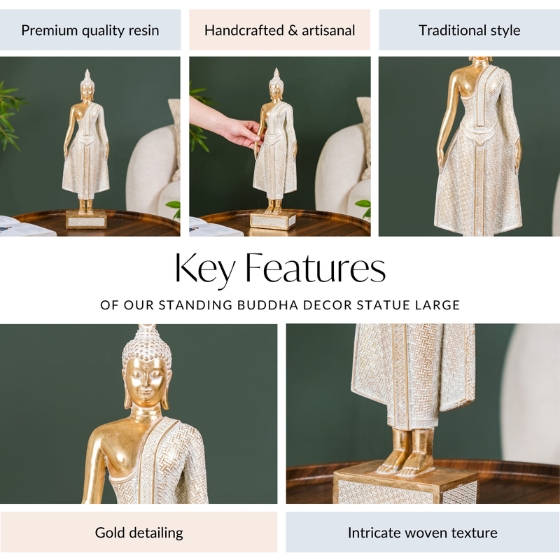 Gold Standing Buddha Decor Statue Large 16 Inch - large Buddha statue, gold Buddha decor, spiritual home accents, decorative statue for living room