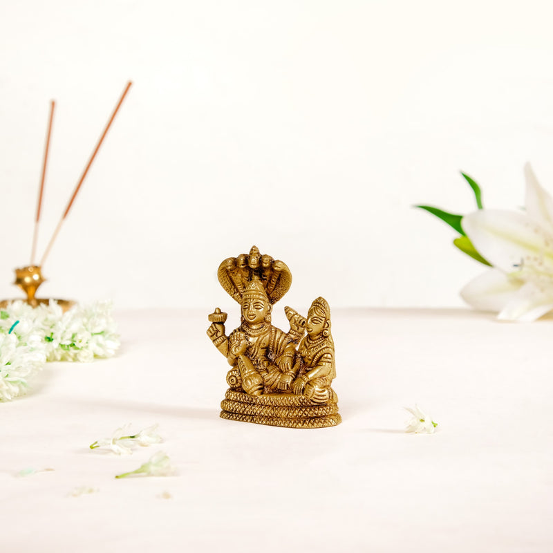 Brass Idol Of Lord Vishnu And Laxmi On Sheshnag 7cm- brass idol, lord vishnu idol, vishnu laxmi, sheshnag, brass statue