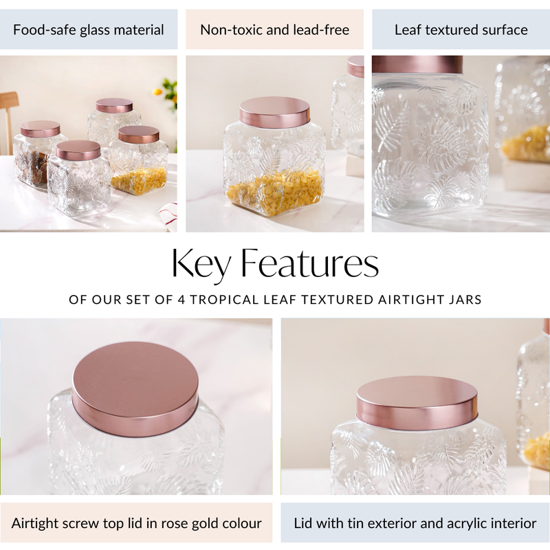 Set Of 4 Tropical Leaf Textured Airtight Jars With Lid 2 L