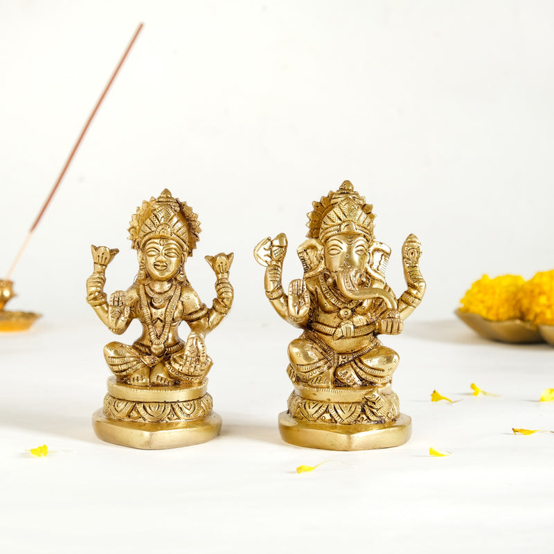 Ganesh Laxmi Pure Brass Statue Set Of 2 11cm - Laxmi and Ganesh Brass Statue, Pure Brass Laxmi Ganesh Idols, Decorative Laxmi Ganesh Home Decor