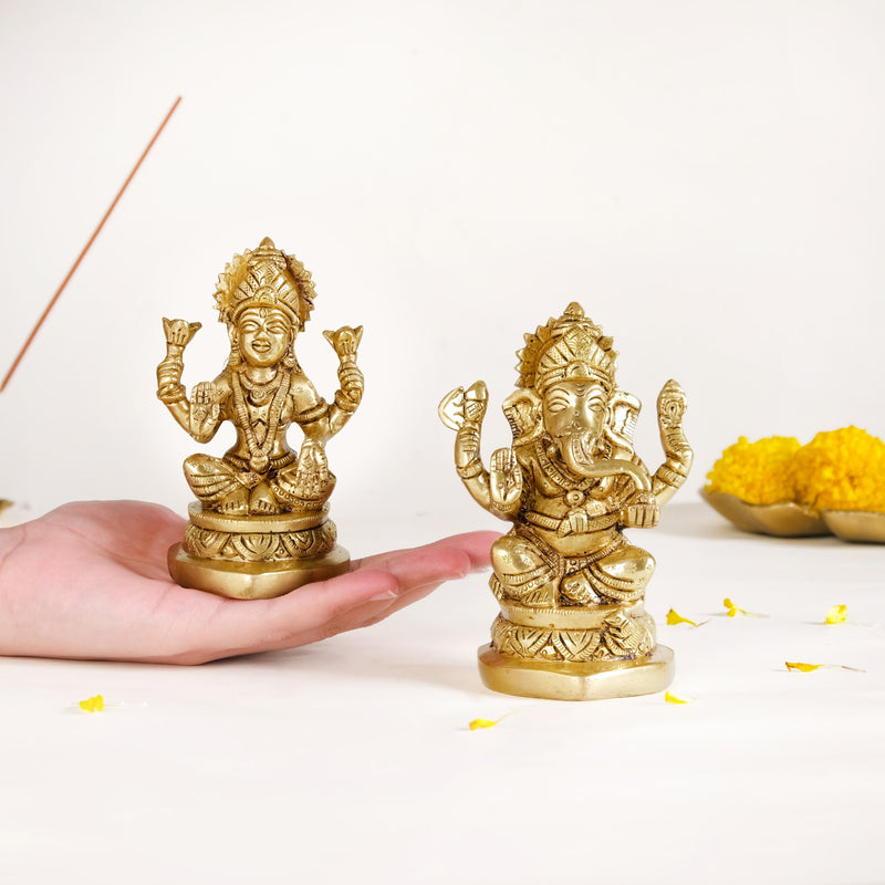 Ganesh Laxmi Pure Brass Statue Set Of 2 11cm - Laxmi and Ganesh Brass Statue, Pure Brass Laxmi Ganesh Idols, Decorative Laxmi Ganesh Home Decor