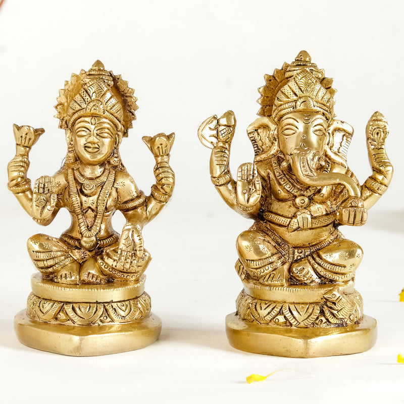 Ganesh Laxmi Pure Brass Statue Set Of 2 11cm - Laxmi and Ganesh Brass Statue, Pure Brass Laxmi Ganesh Idols, Decorative Laxmi Ganesh Home Decor