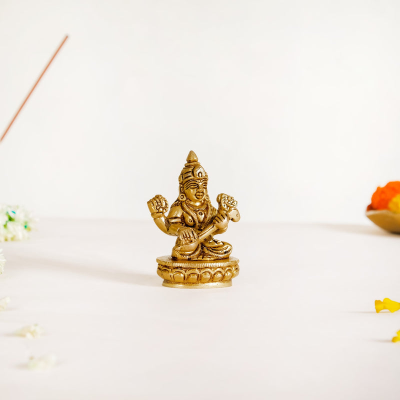 Ganesh Laxmi Saraswati Brass Puja Idol Set Of 3 7cm - Holy Trinity Brass Idol, Puja Idol Set, Brass Puja Set, Brass Idols, Sacred Brass Decor