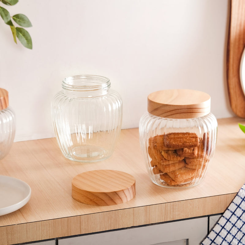 Set Of 2 Ribbed Glass Storage Jars With Wooden Lid 2200ml