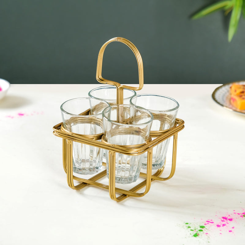 Cutting Chai Glass Set Of 4 With Gold Metal Stand - Tea cup set, glass cups, glass tea cups, tea cup set of 4