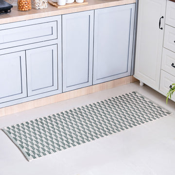 Green Boho White Floor Runner Cotton Mat 130x50cm