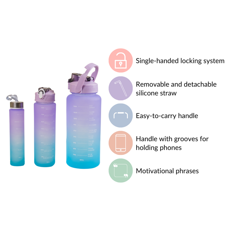 Gym Motivational Water Bottle Set Of 3 Lavender Blue- Water bottles, water bottle set, BPA free water bottles, water bottle with sipper
