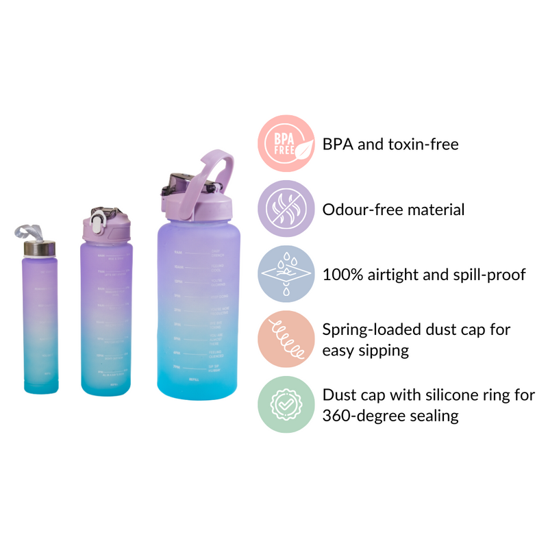 Gym Motivational Water Bottle Set Of 3 Lavender Blue- Water bottles, water bottle set, BPA free water bottles, water bottle with sipper