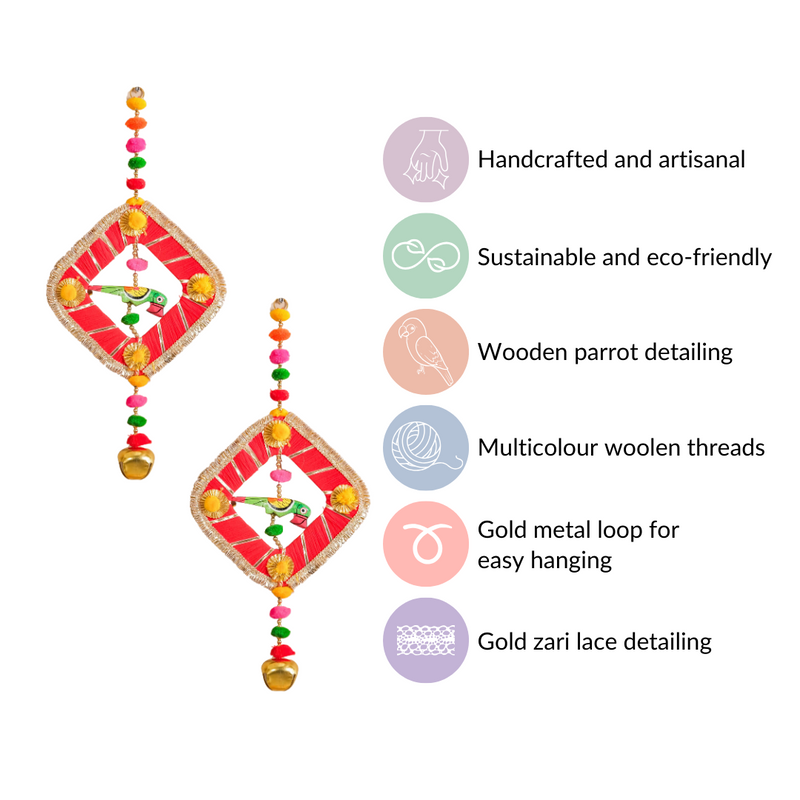 Festive Bell Multicolour Wall Hanging Set of 2- Handmade Wall Hanging, Multicolour Wall Decor, Wall Hangings Set ,Woolen Wall Art, Wall Hanging Set