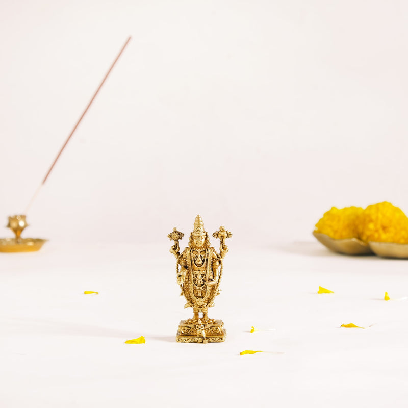 Tirupati Balaji Pure Brass Idol With Temple Jewellery Finish 7cm