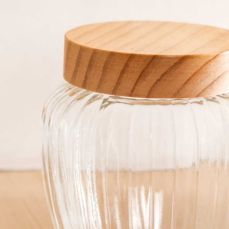 Set Of 2 Ribbed Glass Storage Jars With Wooden Lid 2200ml