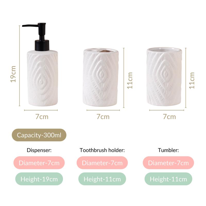 Tree Ring Design Bathroom Accessories Set Of 3 White