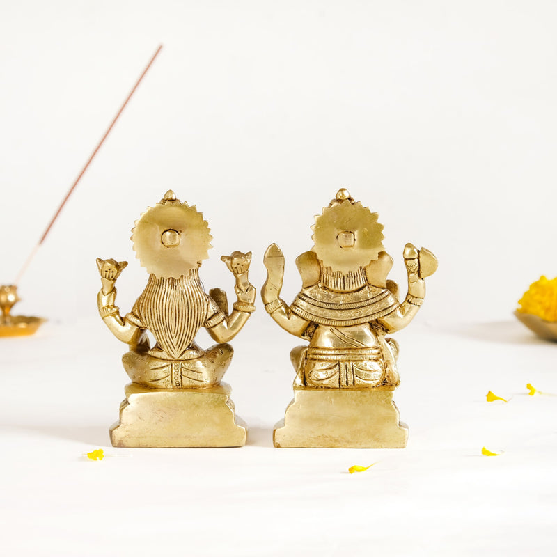 Ganesh Laxmi Pure Brass Statue Set Of 2 11cm - Laxmi and Ganesh Brass Statue, Pure Brass Laxmi Ganesh Idols, Decorative Laxmi Ganesh Home Decor