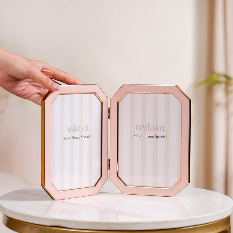 Foldable Double Photo Frame Powder Pink 11"x5.5" - Foldable Photo Frame, Pink Photo Frame, Compact Double Frame, Decorative Pink Frame