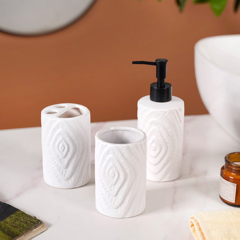 Tree Ring Design Bathroom Accessories Set Of 3 White
