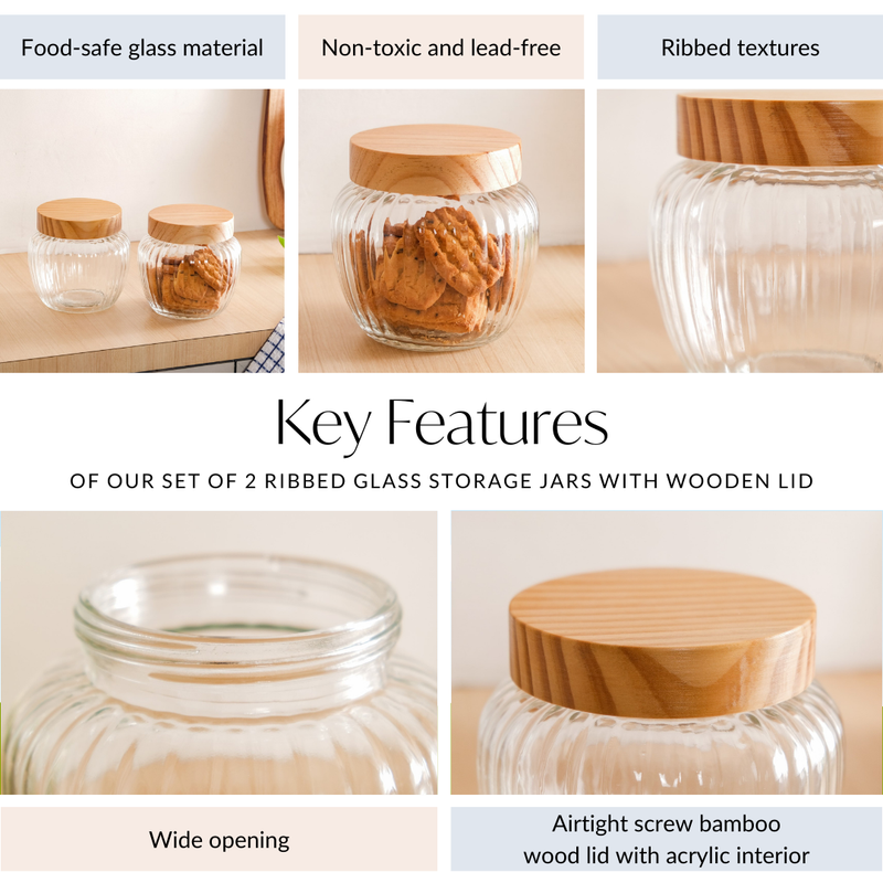 Set Of 2 Ribbed Glass Storage Jars With Wooden Lid 2200ml