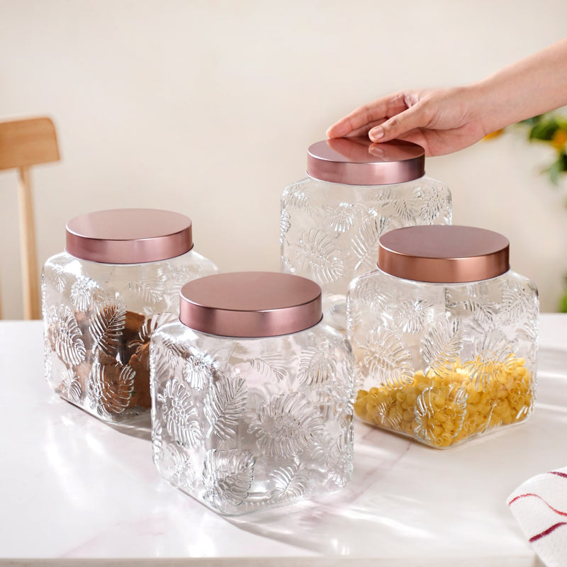 Set Of 4 Tropical Leaf Textured Airtight Jars With Lid 2 L