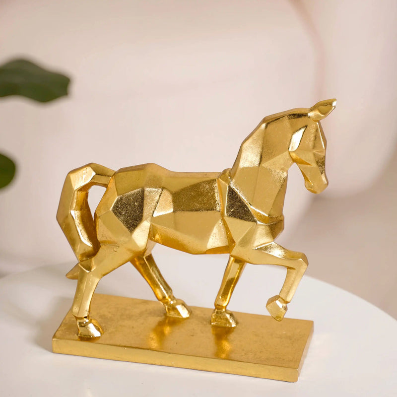 Golden Trotting Horse Decor - geometric horse decor, gold horse statue, modern animal art, contemporary home accents