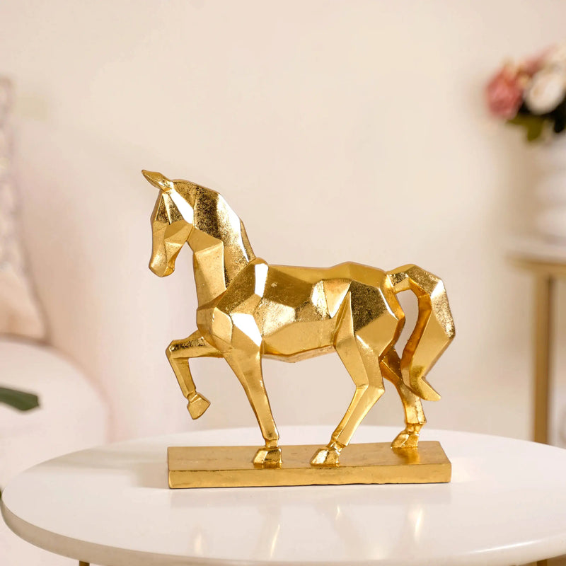 Golden Trotting Horse Decor - geometric horse decor, gold horse statue, modern animal art, contemporary home accents