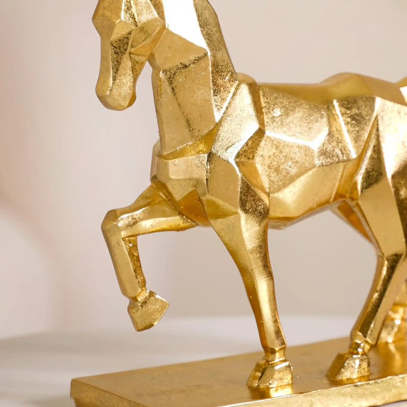 Golden Trotting Horse Decor - geometric horse decor, gold horse statue, modern animal art, contemporary home accents