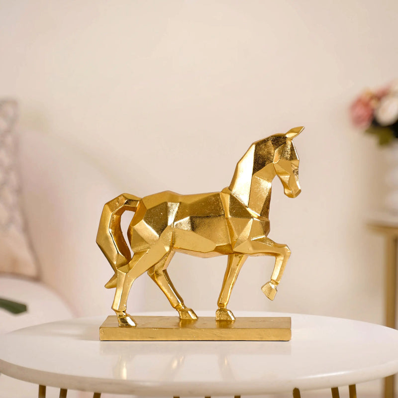 Golden Trotting Horse Decor - geometric horse decor, gold horse statue, modern animal art, contemporary home accents