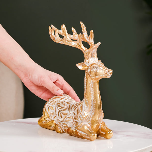 Sitting Deer Carved Showpiece Gold