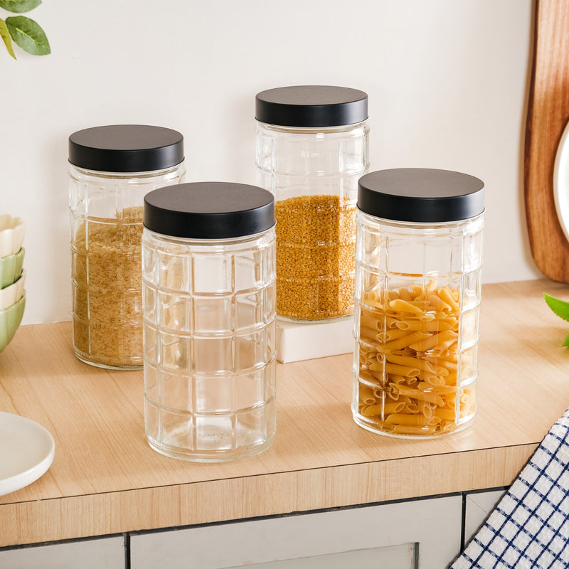 Set Of 4 Square Textured Glass Jars With Lid 1900ml