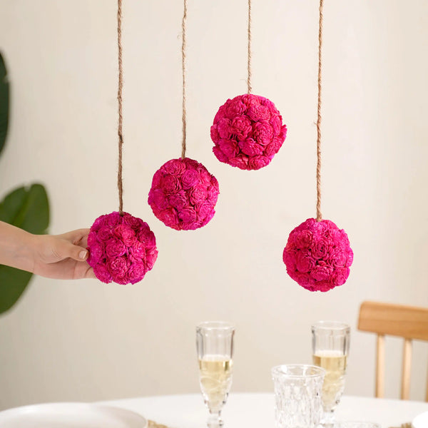 Hot Pink Flower Ball Hanging Decor Set of 4