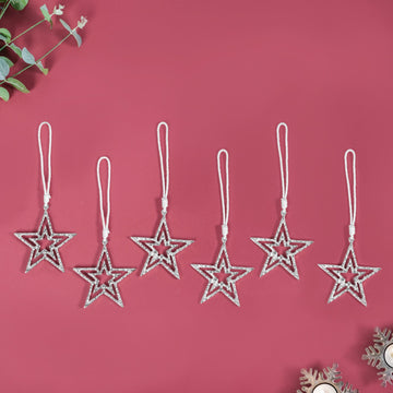 Set Of 6 Silver Star Christmas Tree Decoration Ornaments