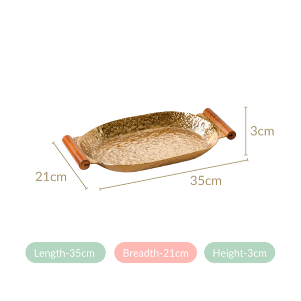 Oval Metal Tray With Wooden Handle Gold 13x8 Inch