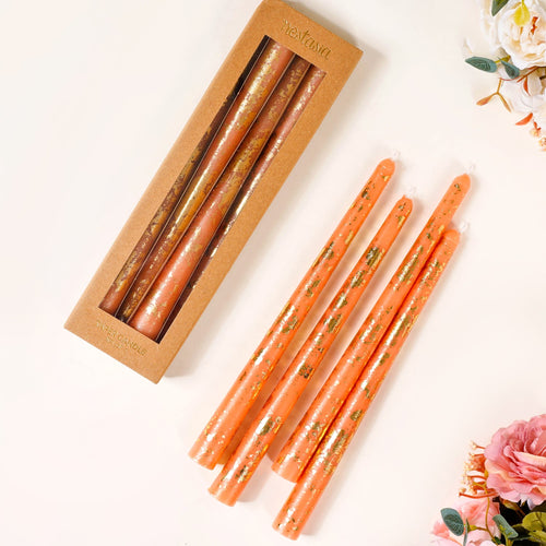Candle With Golden Flecks Peach Set Of 8- Peach Candle Set, Golden Flecks Candles, Set of 8 Peach Candles, Decorative Peach Candles, Golden Candles
