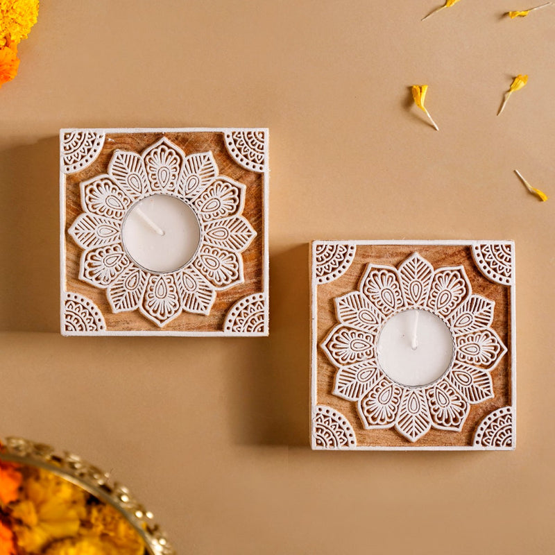 Set Of 2 Square Block Wooden Tea Light Holders