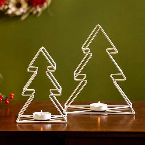 Metal Christmas Tree Candle Holder Set of 2 Ivory