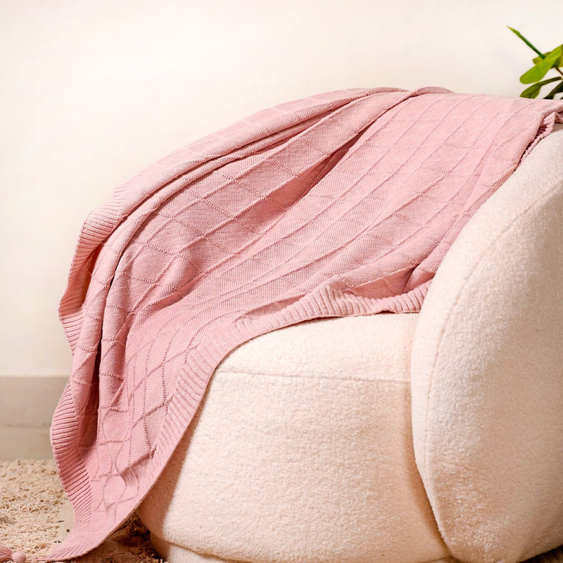 Pastel Pink Diamond Knit Throw For Couch