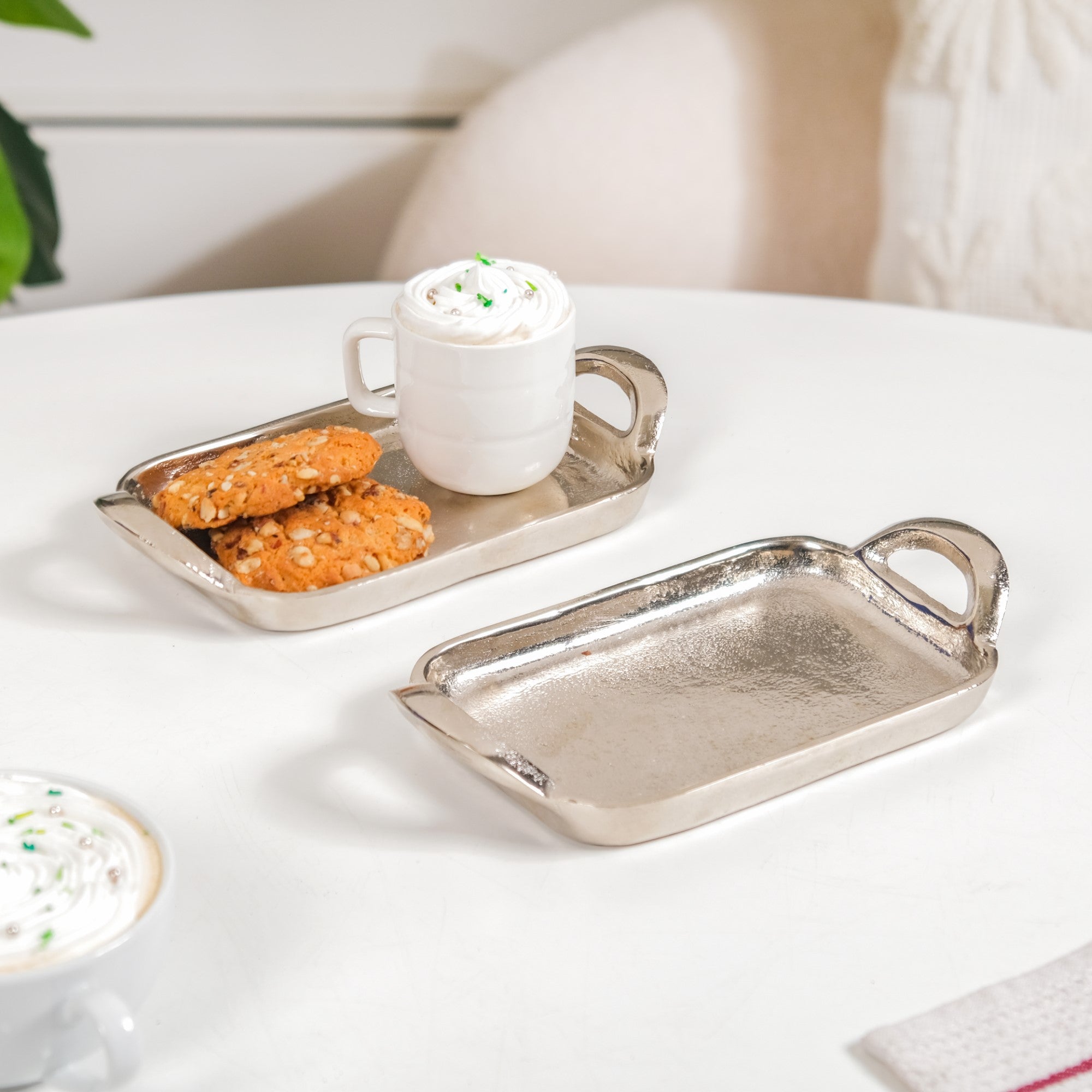 Set Of 2 Silver Tray With Handles Single Serve