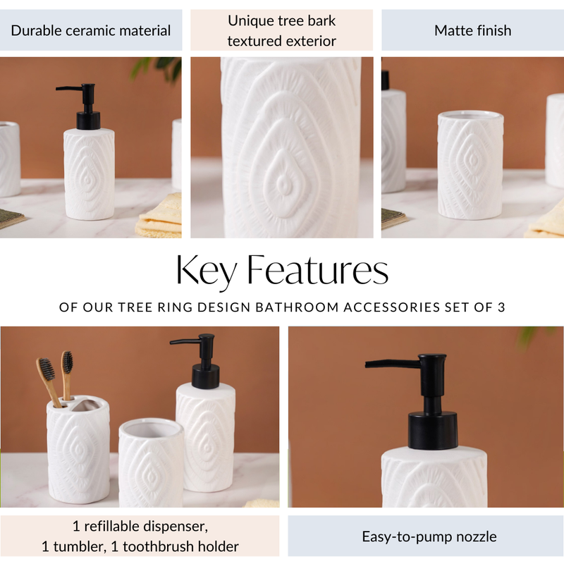 Tree Ring Design Bathroom Accessories Set Of 3 White